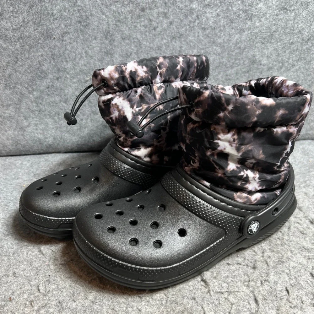 Crocs Classic Neo Puff Shorty Boot Black Marble Tie Dye Fleece Lined Womens 7